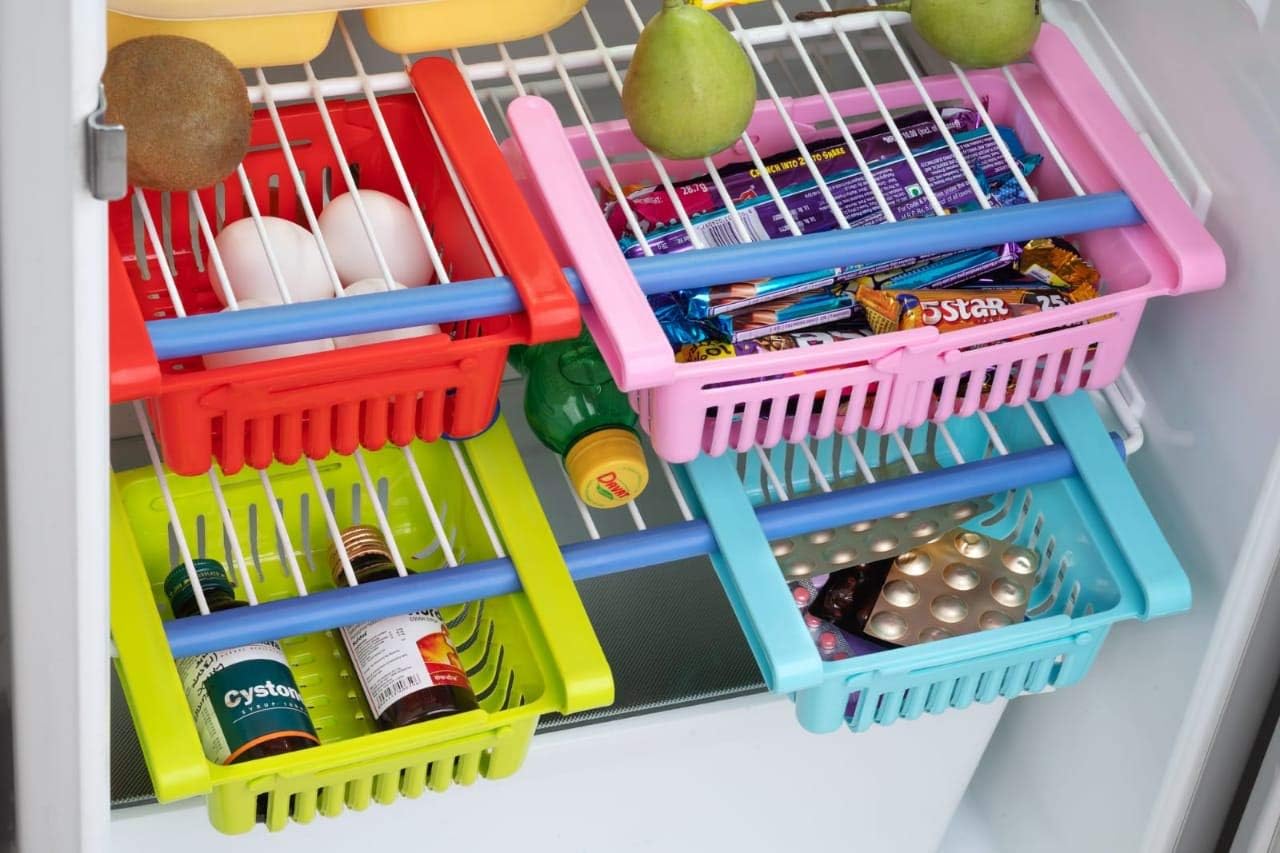 KEWIN Pack of 4 Fridge Space Saver Organizer Slide Storage Rack Shelf Drawer,Office Table Rack, Dining Table Rack(Set of…