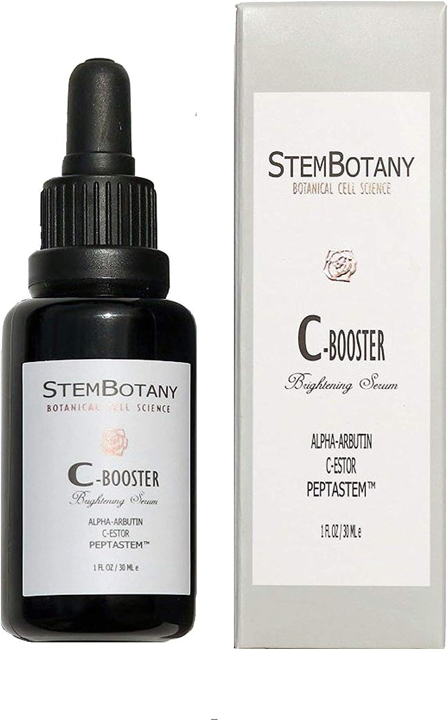 STEMBOTANY Stem Cell Vitamin C-Booster 30% with C+E Ferulic Acid, C-Ester, Hyaluronic Acid, Alpha-Arbutin and Patent Pending PEPTASTEM (Peptide 1,5,7,8 & Orange Stem Cell) with 70% Organic Face Serum