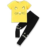 4-8T Toddler Girl Clothes Cat face print Short Sleeve Top+Pants Outfits Girl Spring and summer 2-Piece Set