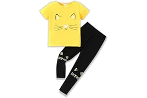 TOGRIELAN 4-8T Toddler Girl Clothes Cat face print Short Sleeve Top+Pants Outfits Girl Spring and summer 2-Piece Set