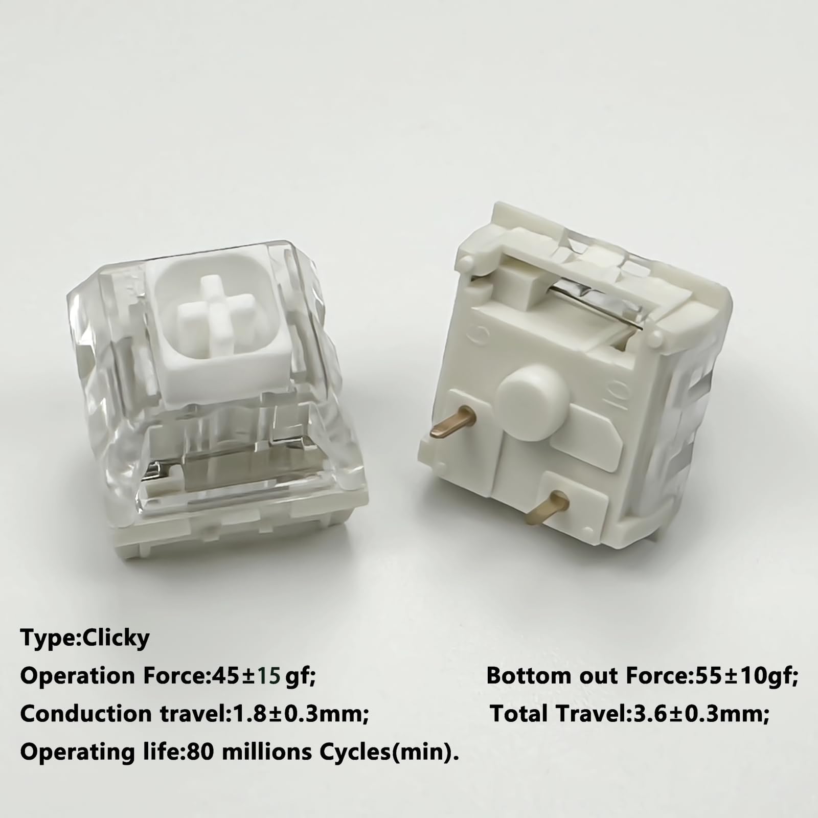 Kailh Box White Mechanical Keyboard Switches,3-Pin 45gf Clicky/Speed Typing/Gaming/Waterproof Switches(108Pcs,Kailh Box White)