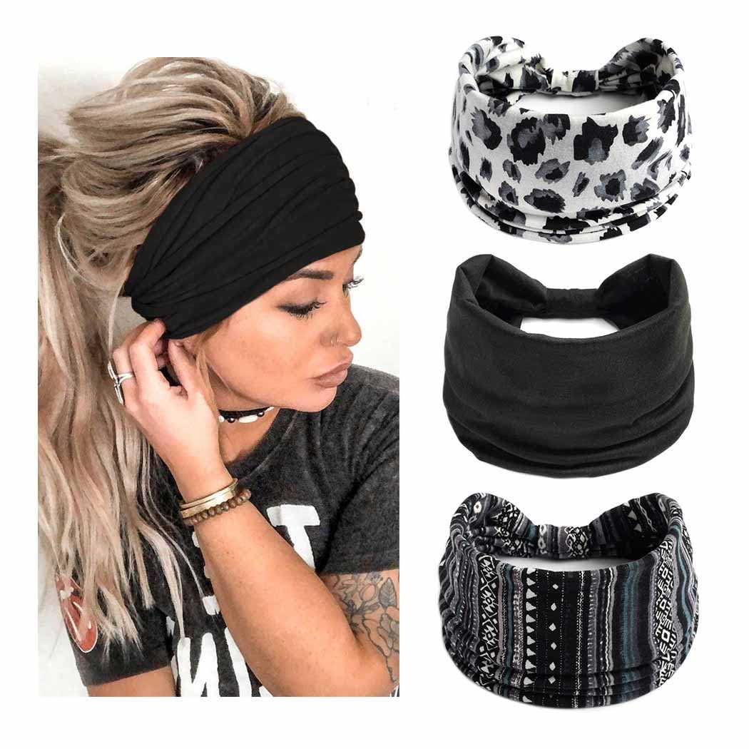 Generse Wide Headband Black Flower Boho Hair Band Elastic Yoga Head Wraps for Women and Girls 3Pcs (A)
