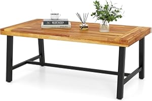 HAPPYGRILL Acacia Wood Patio Coffee Table, Outdoor Rectangular Center Table with Sturdy Metal Frame, Adjustable Leveling Feet