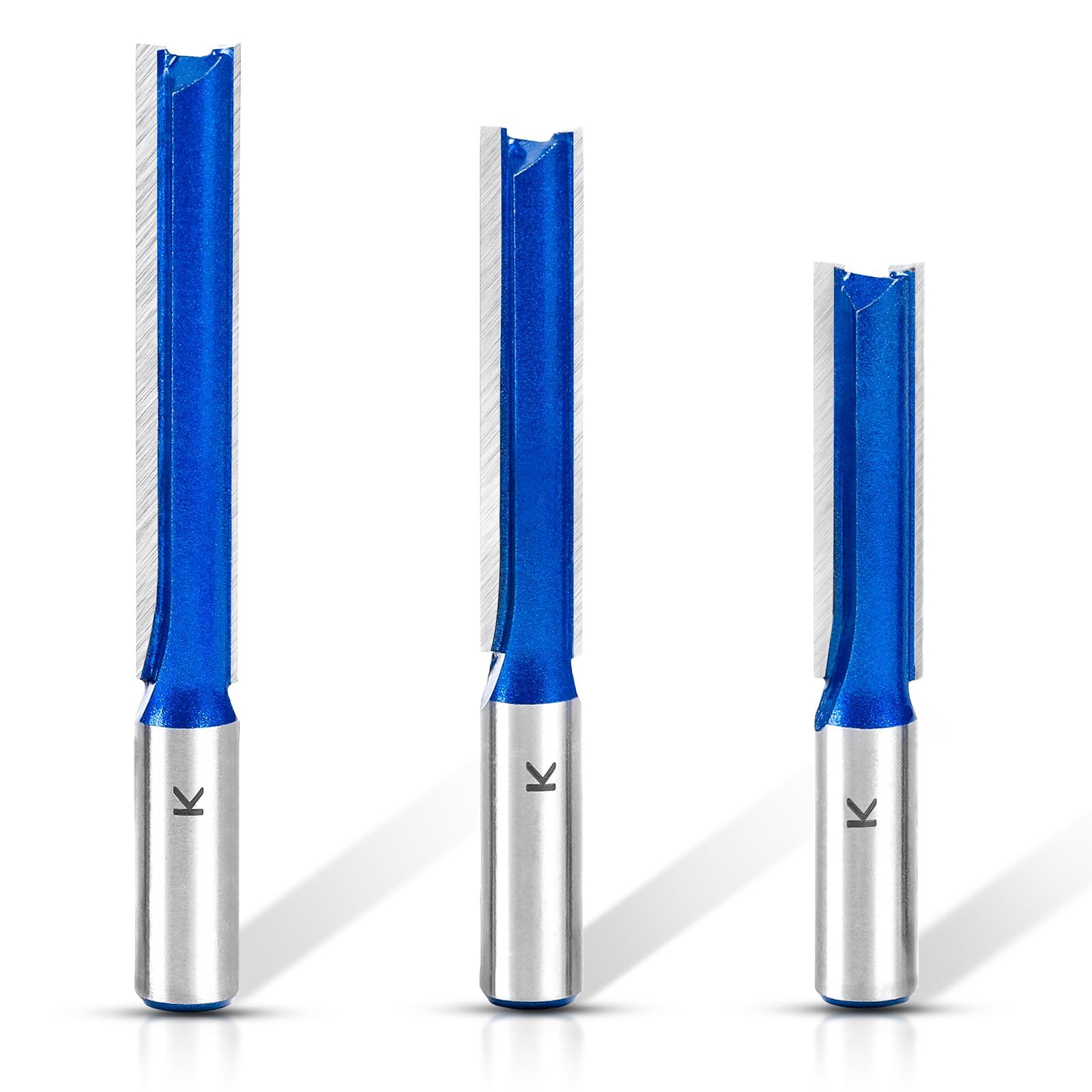 Photo 1 of RURITKIT 3Pcs Extra Long Straight Router Bit Set 1/2 Shank, Carbide Tipped Double Flute Straight Bit Dado Straight Cut Router Bit for Woodworking, 2",2-1/2",3" Cutting Length,1/2" Cutting Dia.
