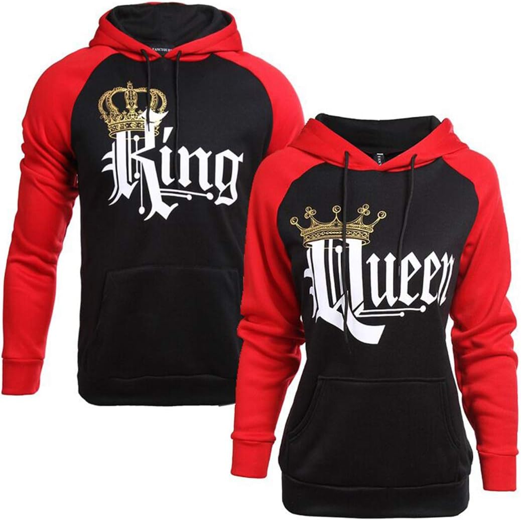 King and Queen Sweatshirt Matching Couple Clothing for Men and Women Long Sleeve Crown Print Valentines Day Hoodie Pullover His & Hers Sweatshirt