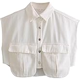 Fexmy Womens Denim Cropped Button Down Shirt Collared Sleeveless Summer Loose Jean Crop Top with Pockets