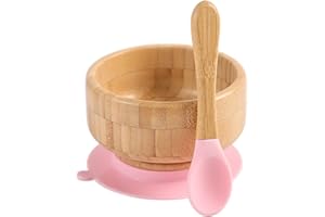HI BABY MONMENT Baby Bamboo Bowls with Suction and Matching Spoon Set,2PC Feeding Supplies Set for Infant, Toddlers,Detachable Silicone Suction Stay Put Base for Wooden Bowl （Pink）