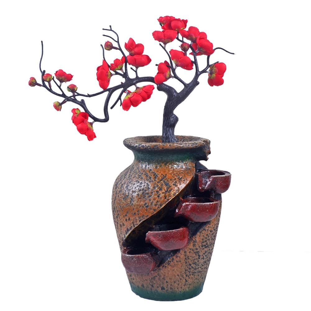 Photo 1 of YOUUGIOR Plastic Red Peach Flower Plum Tree Resin Trunk with Jar Rustic Fountains Waterfall Fountain Soothing Sound Tabletop Office Home Desktop Decor