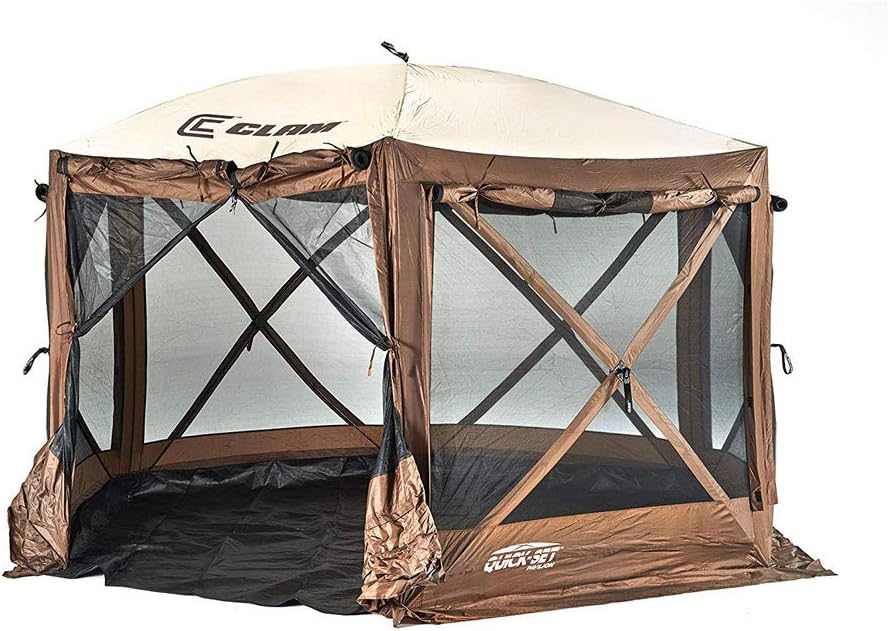 Clam Quickset Pavilion Camper 10' x 10' 8 Person Pop Up Camping Canopy, Brown
