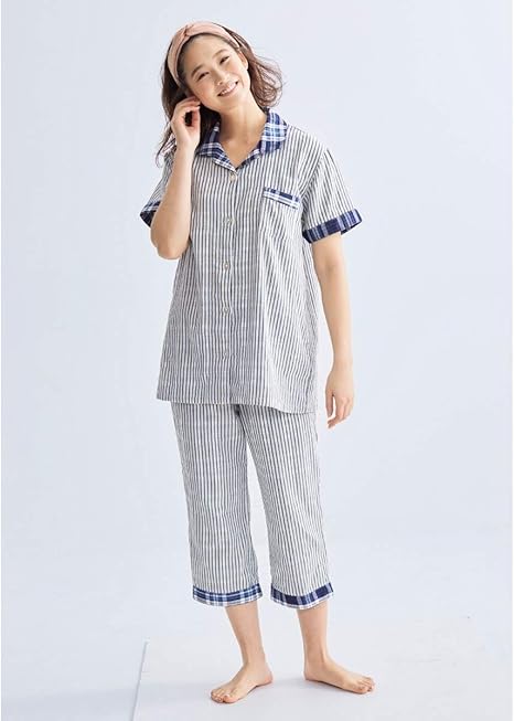 Amazon Nissen ニッセン パジャマ ルームウェアセット 大きいサイズ 綿１００ ダブルガーゼパジャマ上下セット ネイビー系ストライプ 10l 大きいサイズ レディース パジャマ ルームウェアセット 通販