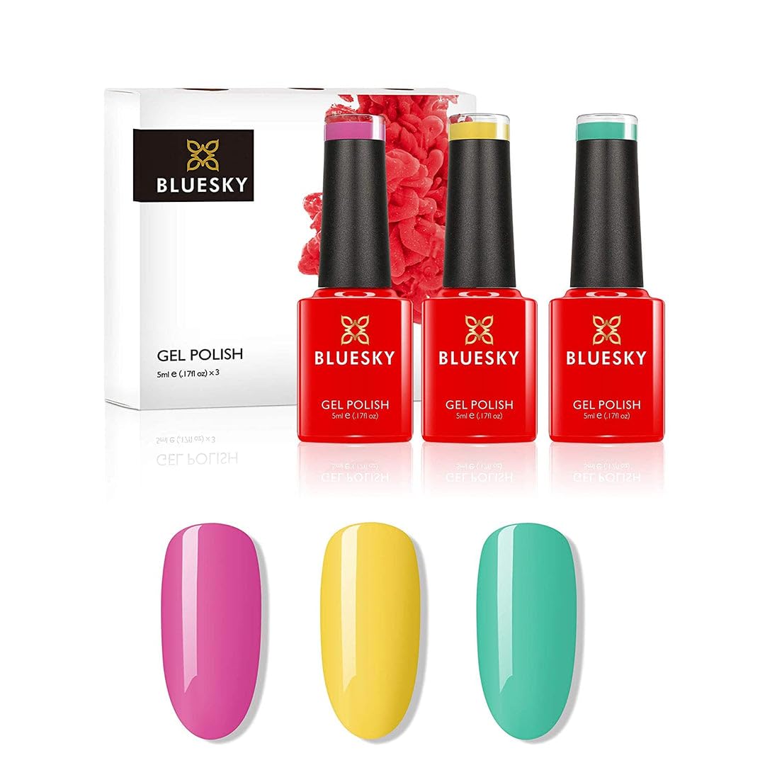 Bluesky Gel Nail Polish Set, Dance Your Way Spring 2021 Collection -Trio Set 2 - Brights. 3 x 5ml Gel Nail Polishes. Blue, Yellow, Pink, Turquoise (Requires curing under UV/LED Lamp)