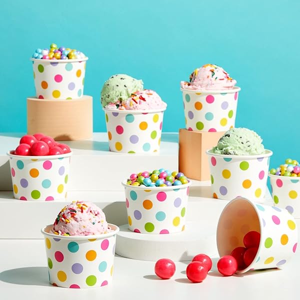 BLUE PANDA PAPER ICE CREAM CUPS – 50 COUNT, RAINBOW POLKA – DISPOSABLE FOR SUNDAES & SNACKS – ICE CREAM BOWLS – PARTY SNACK CUPS