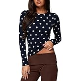 UAURORAO Women Polka Dot Top Long Sleeve Crewneck Y2K Crop Tops Dots Print Stretch Slim Fit T Shirts