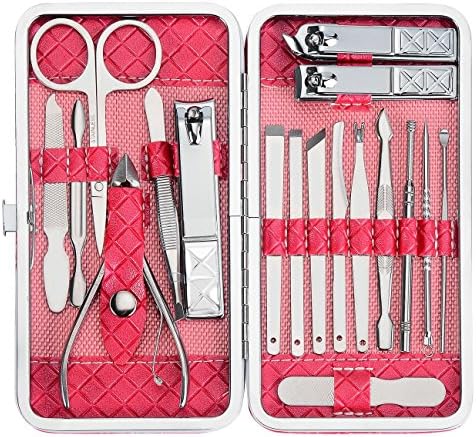 Manicure Set Pedicure Kit Nail Clippers Professional Grooming Tools, Multipurpose Scissor Cutters Knives Tweezer with Luxury Leather Travel Case 18 pieces Utility by Tronsnic (Pink)