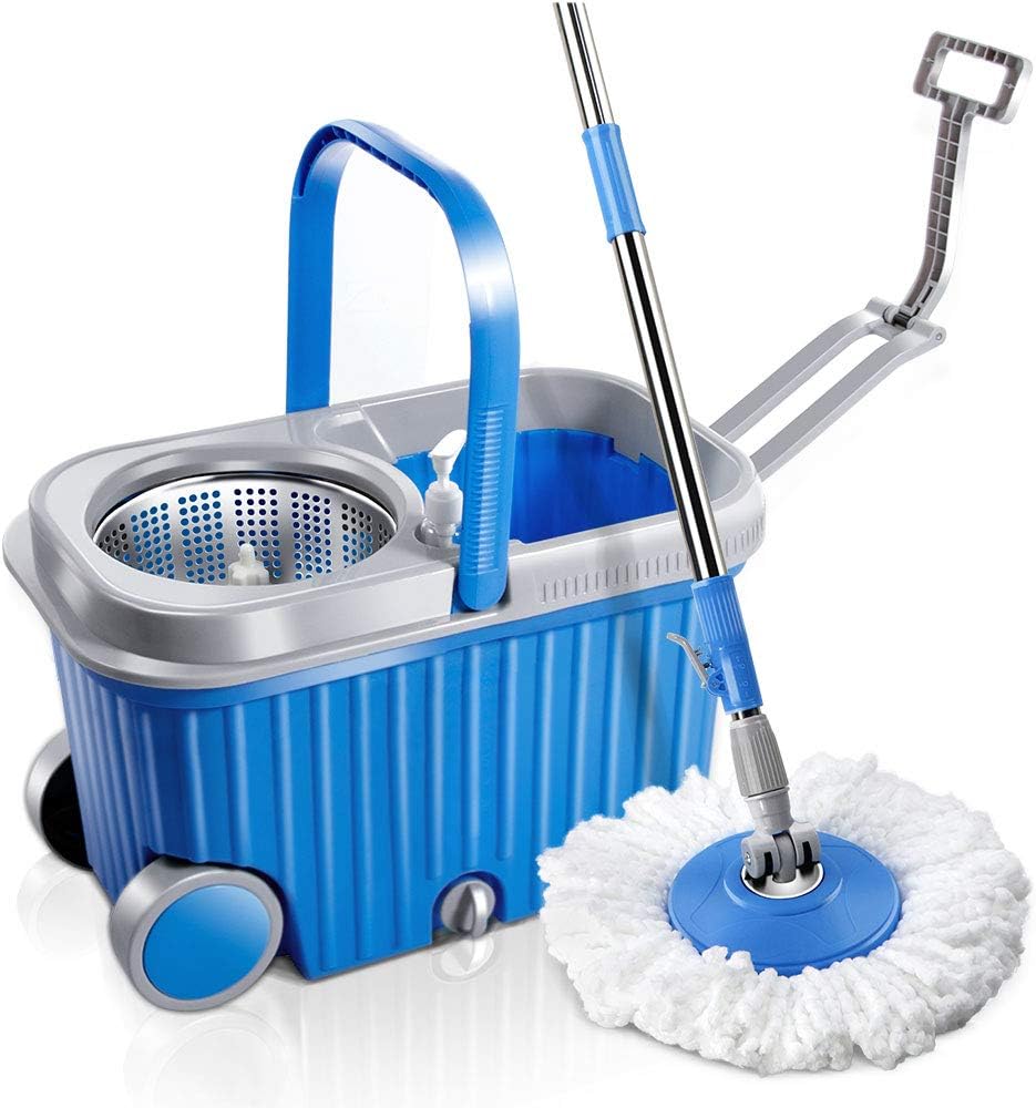 Microfiber Spin Mop and Bucket Set with 3 Microfiber Mop Heads and Two Wheels Floor Cleaning