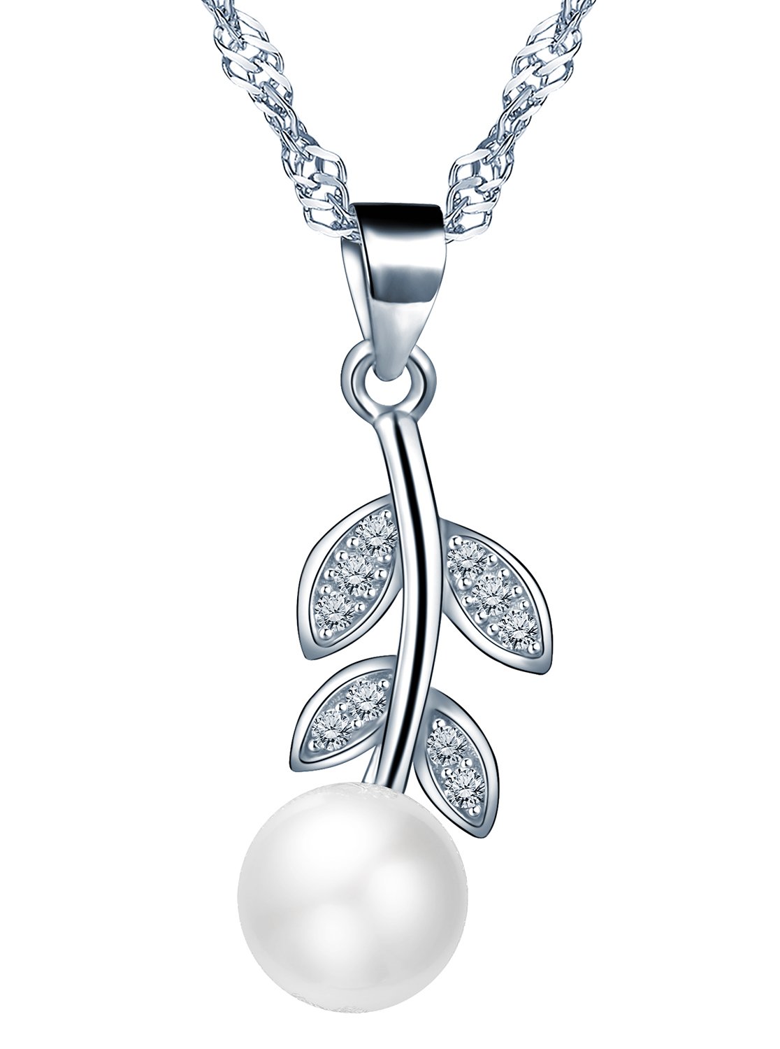 Yumilok Jewelry 925 Sterling Silver Cubic Zirconia Pearls Flowers and Leaves Pendant Chain Necklace for Women/Girls