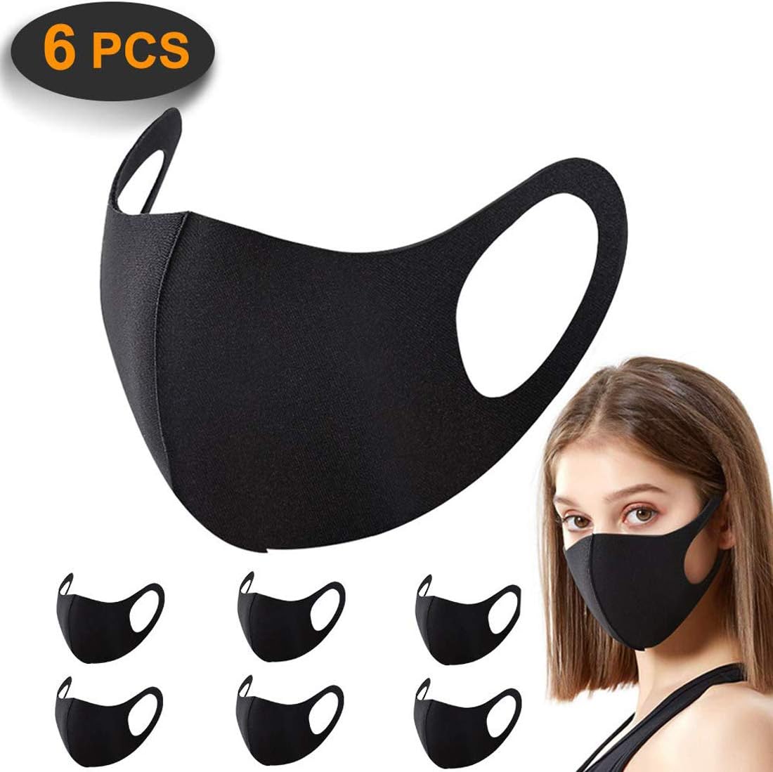 QHiYan Reusable Dust Facecloth Cotton Face Cover Black Health Cycling Mouth Cover 6 Pack