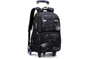 BANSUSU Galaxy-Print Rolling-Backpack Boys-Bookbag on Wheels, Black Galaxy Wheel Backpack, Wheel Trolley Bag for School