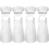 CHENGU 8 Pcs Kids Apron and Chef Hat Set Child Aprons 2 Pocket for Boy Girl Toddler Cooking Painting, Ages 2-13(White,Medium)