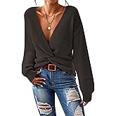 Kisscynest Womens Sweaters 2025 Casual Sexy V Neck Long Sleeve Pullover Sweaters Twsit Knot Knit Cropped Jumper Tops
