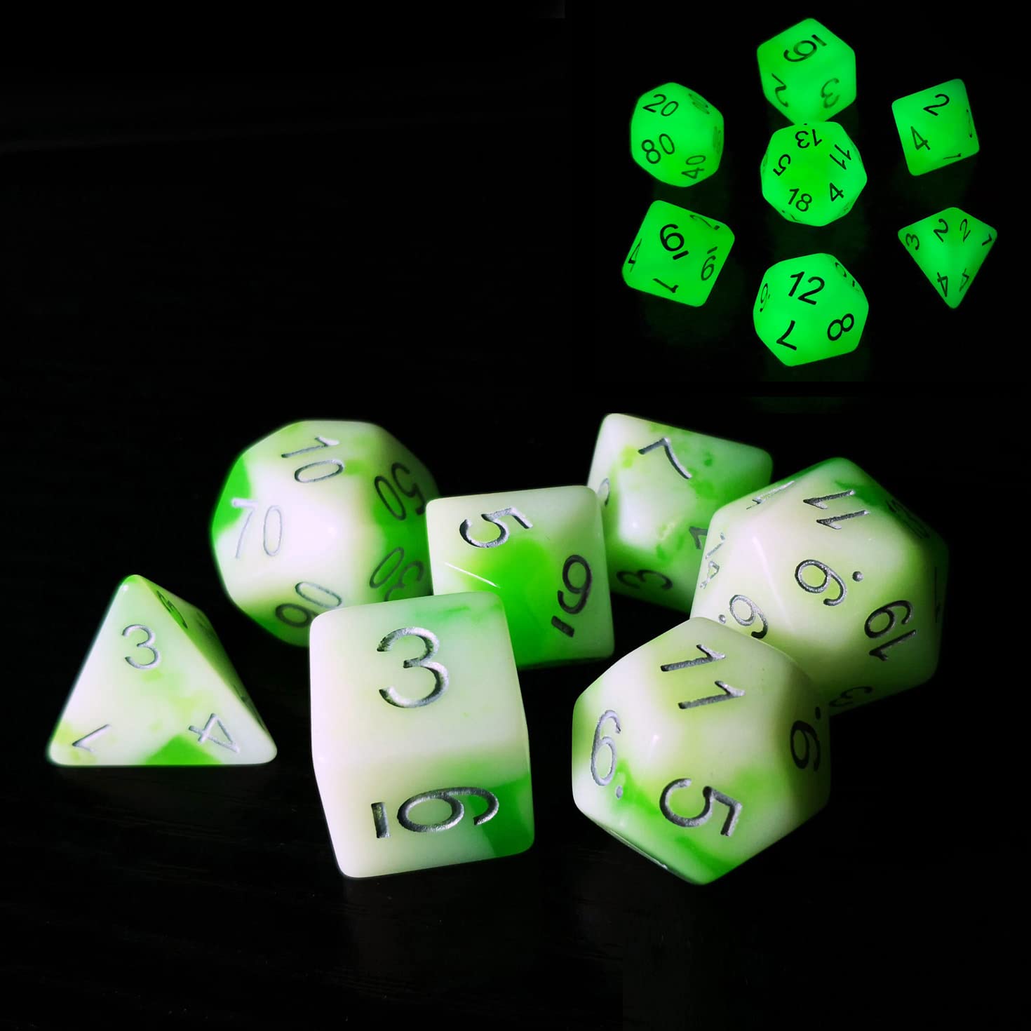 Bescon Glowing Polyhedral RPG Dice Set Luminous Jade, Bescon Glow in Dark Poly Dice Set of 7,DND Role Playing Game Dice — image 1