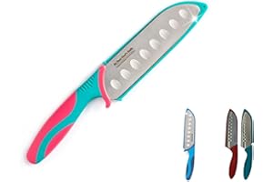 Cooking with Kids - My First Chef's Knife for Kids - CARNATION/TEAL - w/Protective Safety Sheath - German Stainless Steel - Curved Finger Shield/Children