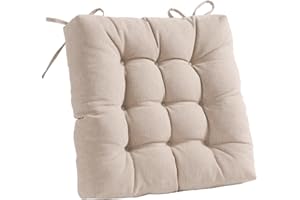 ROFIEJOX Chair Cushion, Polyester Brushed Fabric, Sponge Particle Filling, Non-Slip Bottom Thicked Tufted Kitchen Cushions with 2 Ties for Indoor Outdoor Square Seat,(16x16x4) Beige Grey