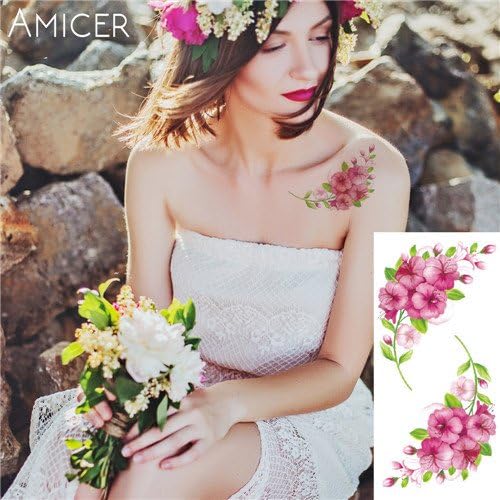 Temporary Tattoos Stickers - 3D lifelike Cherry blossoms rose big flowers Waterproof Temporary tattoos women flash tattoo arm shoulder tattoo stickers - Black Tattoo Sticker (7)