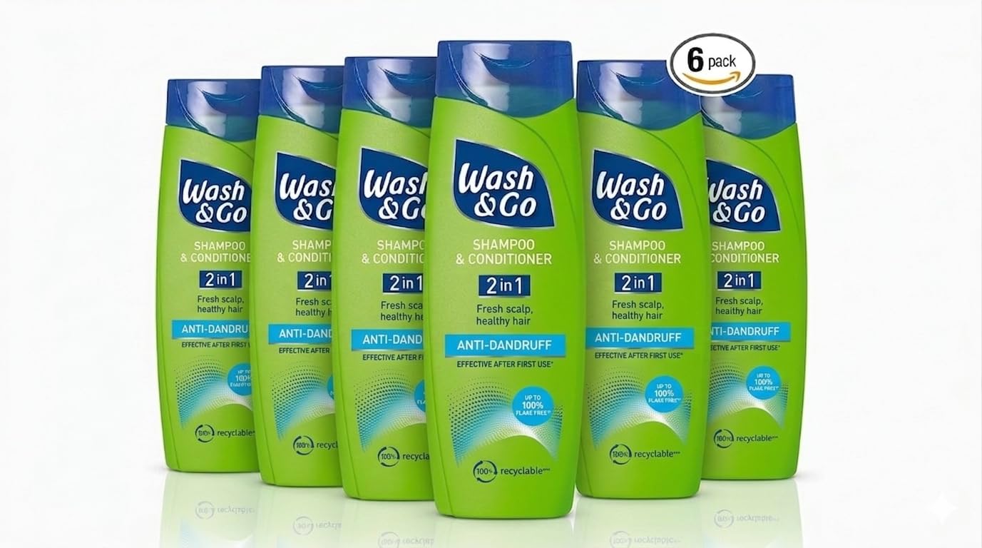 Wash & Go Anti-dandruff 2 in 1 Shampoo & Conditioner, Men's Dandruff Shampoo, For All Hair Types, Bulk Pack x 6 bottles