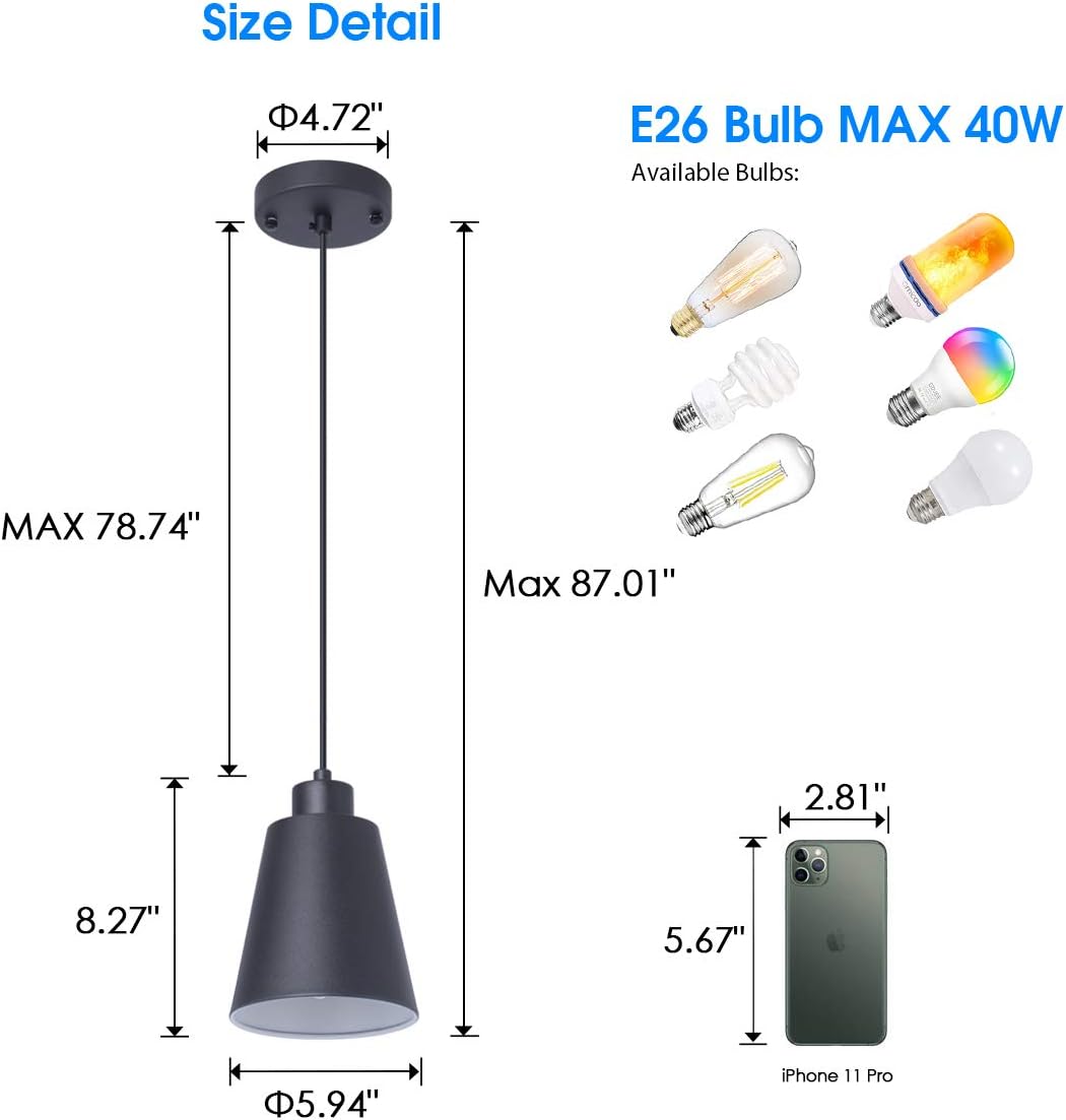 Modern Black Pendant Light Fixture 5.94'' Mini 1-Light Pendant Lighting for Kitchen Island Industrial Hanging Pendant Light Cup Shade for Dining Room, Foyer, Hallway, Bar, with 78in Flexible Cord - - 