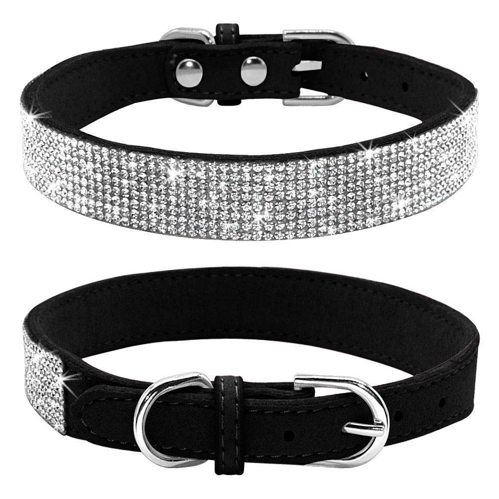 Haoyueer Rhinestone Dog Collar, Cute Dazzling Sparkling Soft Suede Leather Dog Cat Rhinestone Collar Crystal Diamond Pet Dog Puppy Collar (XS, Black)