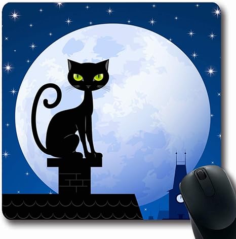 Mousepad Figura oblonga Azul Techo Gato negro en la chimenea Ciudad