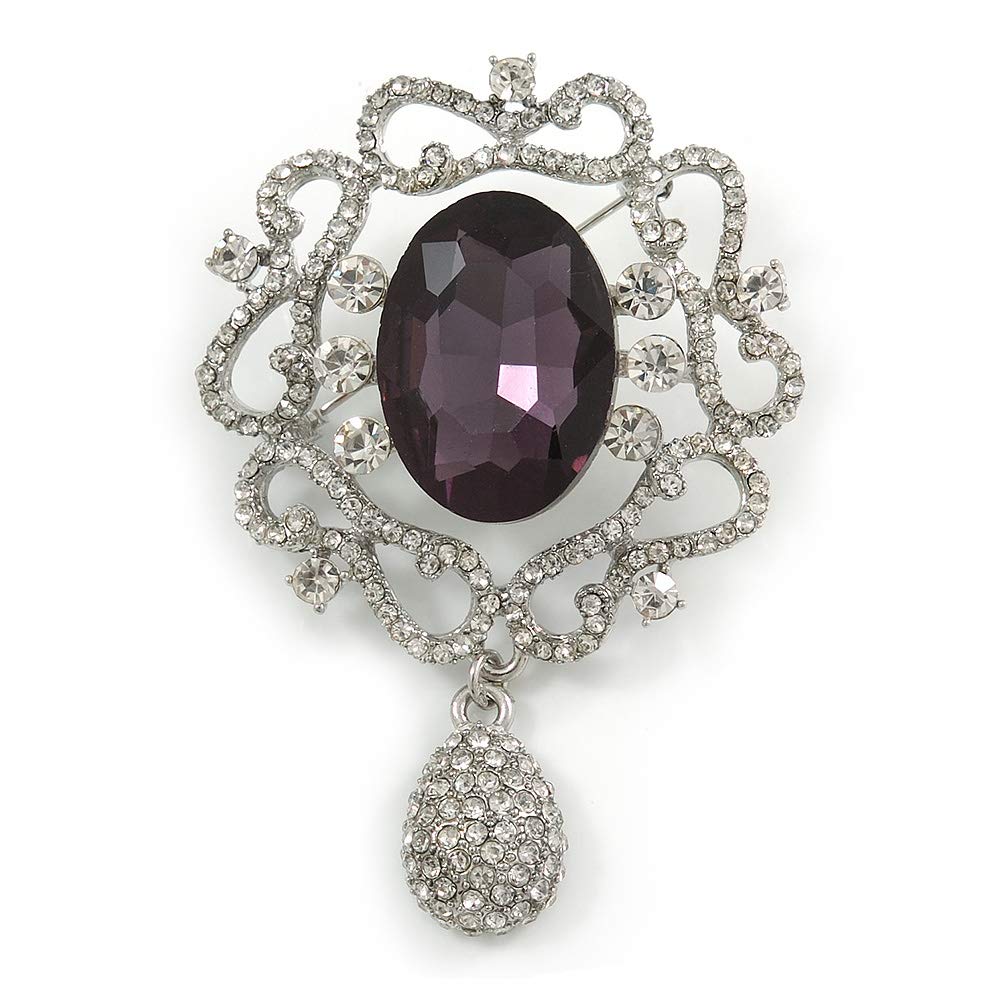 Diamante and Violet Oval Jewel Filigree Drop Charm Brooch (Rhodium Plated) - 65mm Long