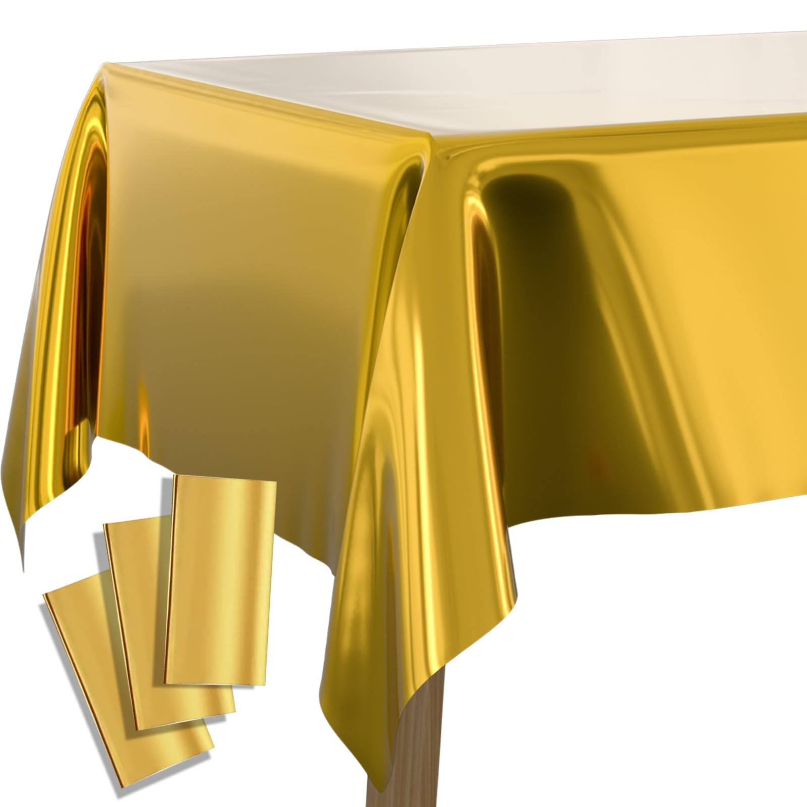 Photo 1 of 2pk--PartyWoo 3 pcs Gold Foil Table Cover, 54 x 108 Inch Rectangle Waterproof Tablecloth for 6 to 8 Foot Tables, Disposable Plastic Party Tablecloth for Christmas Graduation Birthday Party Decorations