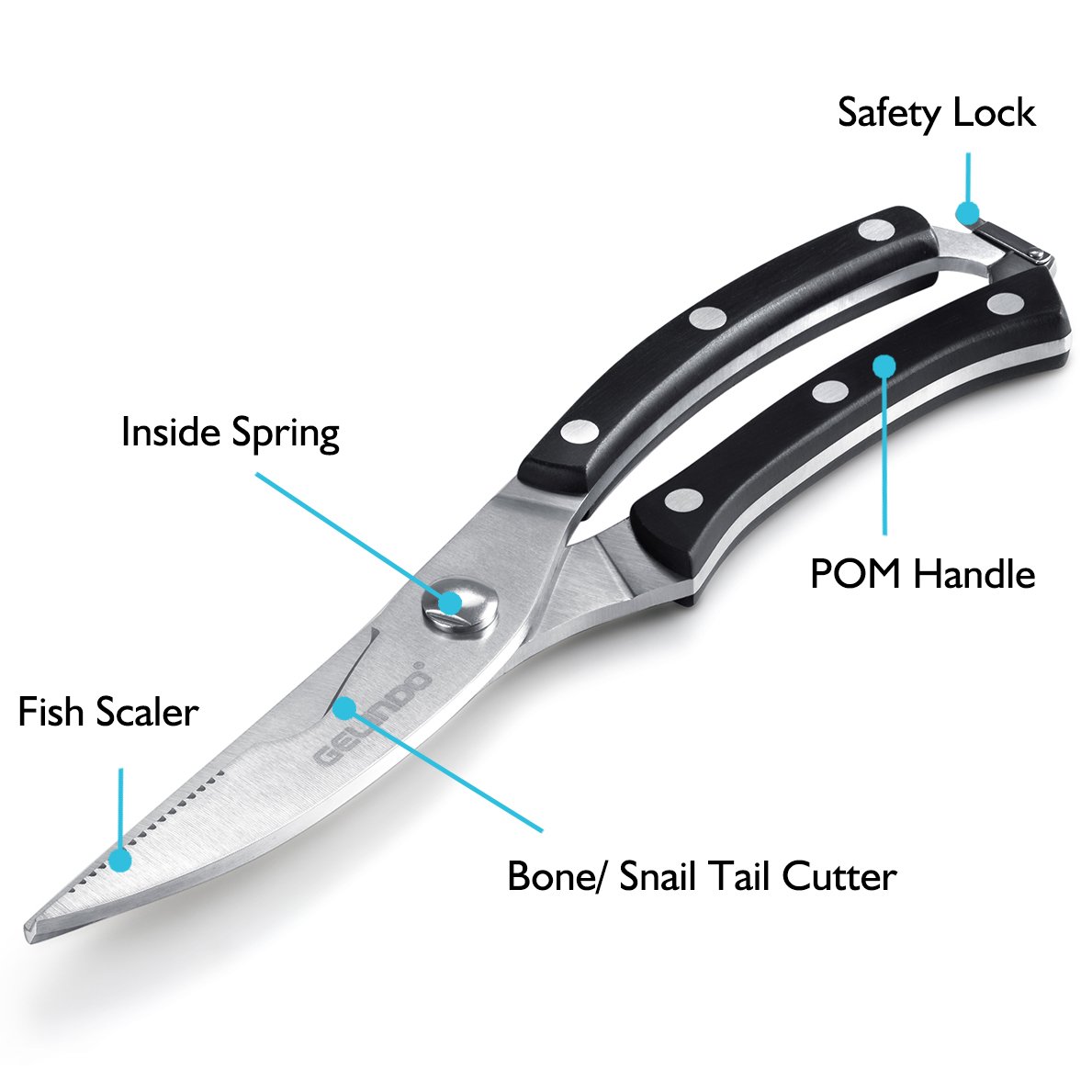 Gelindo Kitchen Scissors - Heavy Duty Stainless Steel- Spring Loaded Shears - Sharp Blade- Safety Clip- Rust Free- Comfortable Handle- Great for Poultry, Fish, Chicken, Beef, BBQ, Herbs & Plastic