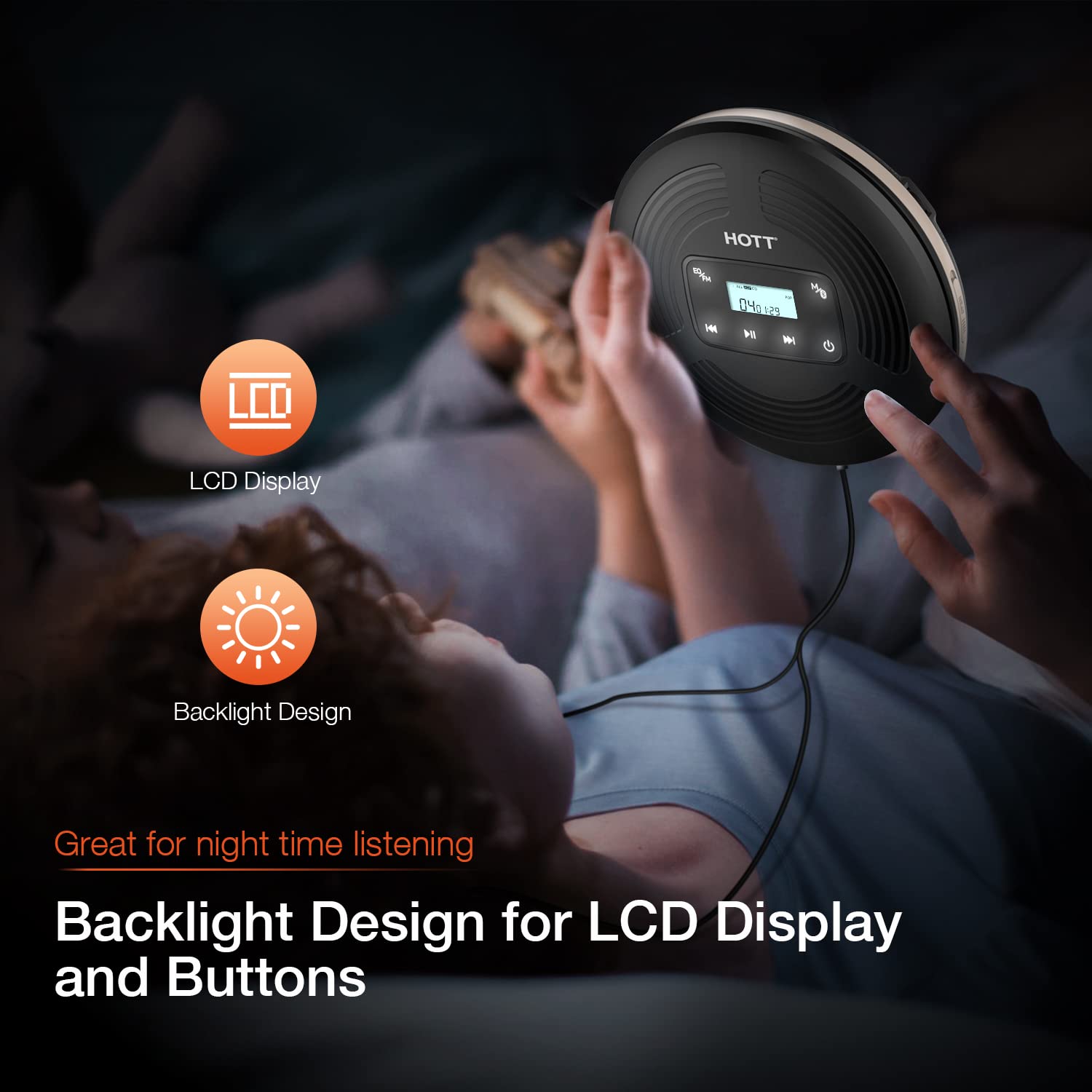 HOTT CD903TF Portable CD Player with Bluetooth and FM Transmitter with Touch Buttons Backlight,Rechargeable with AUX Cable,CD Player Shockproof for Car