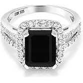 Gem Stone King 3.75 Cttw Black Onyx Engagement Ring For Women | 925 Sterling Silver | Emerald Cut 10X8MM | Gemstone Birthstone | Wedding Engagement Anniversary Promise Ring For Women