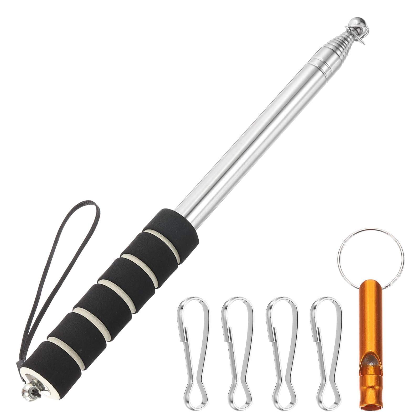 PATIKIL 8.2ft Telescopic Flag Pole, Stainless Steel Telescoping Handheld Portable Retractable Flagpole with Clips, Whistle, and Strap for Tour Guide Teaching Festival, Black