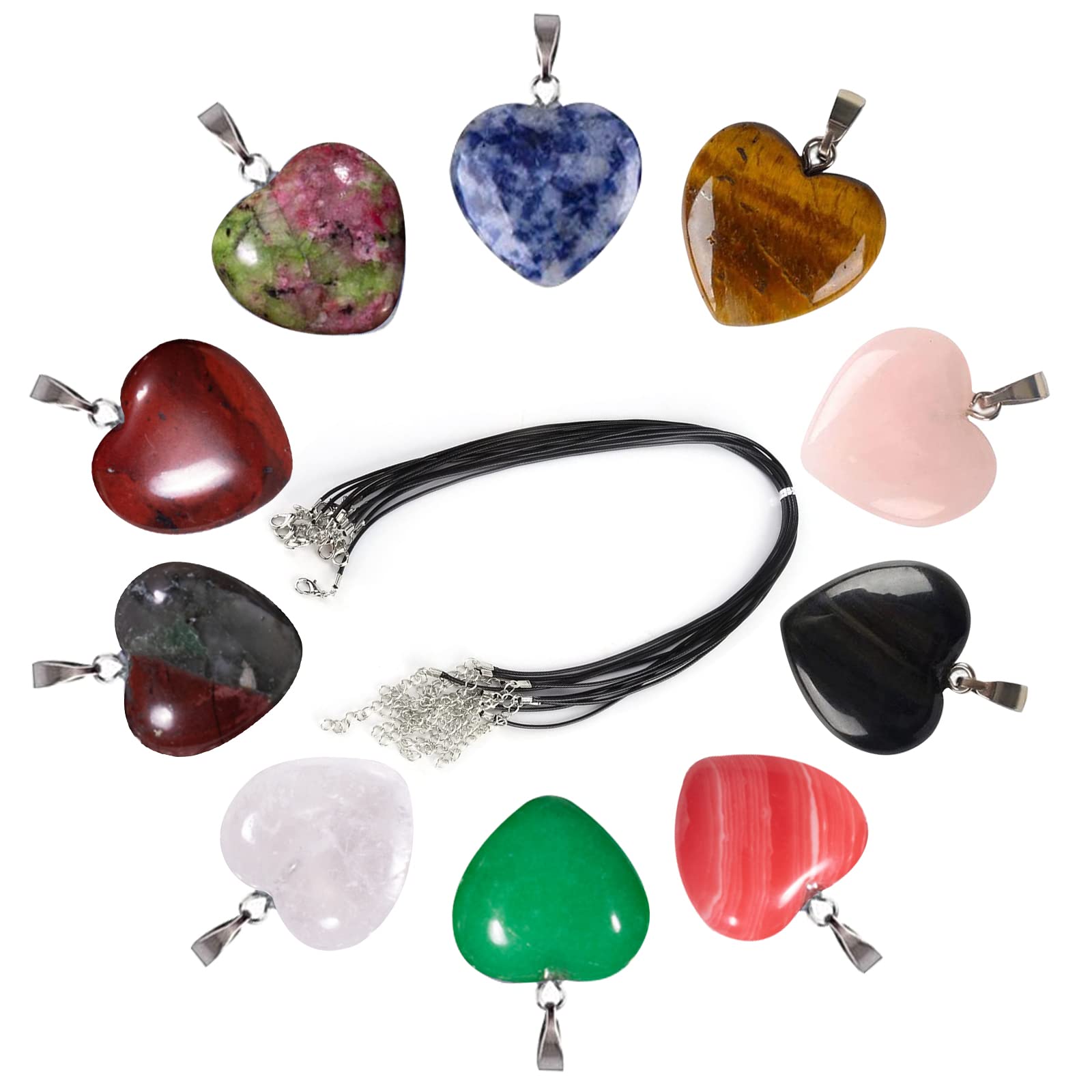 SwirlColor Crystal Necklaces Heart Shaped Stone Pendants, 10 Pieces Natural Assorted Color Healing Crystals Necklace with Leather Necklace Cord Crystal Pendants for Jewellery Making