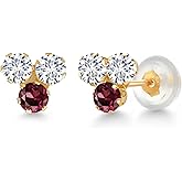 Gem Stone King 14K Yellow Gold White Lab Grown Diamond and Gemstone Birthstone Trio 3-Stone Stud Earrings for Women | 3MM Round | Fine Jewelry for Her Mom Women Wife