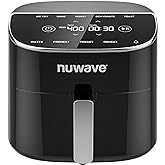 Nuwave Brio Plus 8 Qt Air Fryer, PFAS Free, New &amp; Improved, 50-400&deg;F in 5&deg;F | Digital Touchscreen, Cool White Display, Ceramic Nonstick Coating, 5 Cook Modes, 100 Presets/50 Memory, 700/1500/1800W, Black