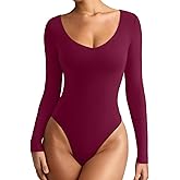 REORIA Women's V Neck Long Sleeve Bodysuits Comfy Double Lined Basic Tank Top Body Suits