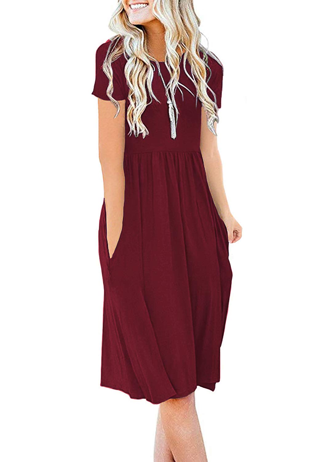 Photo 1 of DB MOON Women Summer Casual Short Sleeve Dresses Empire Waist Knee Length Dress with Pockets (Wine Red, 2XL)