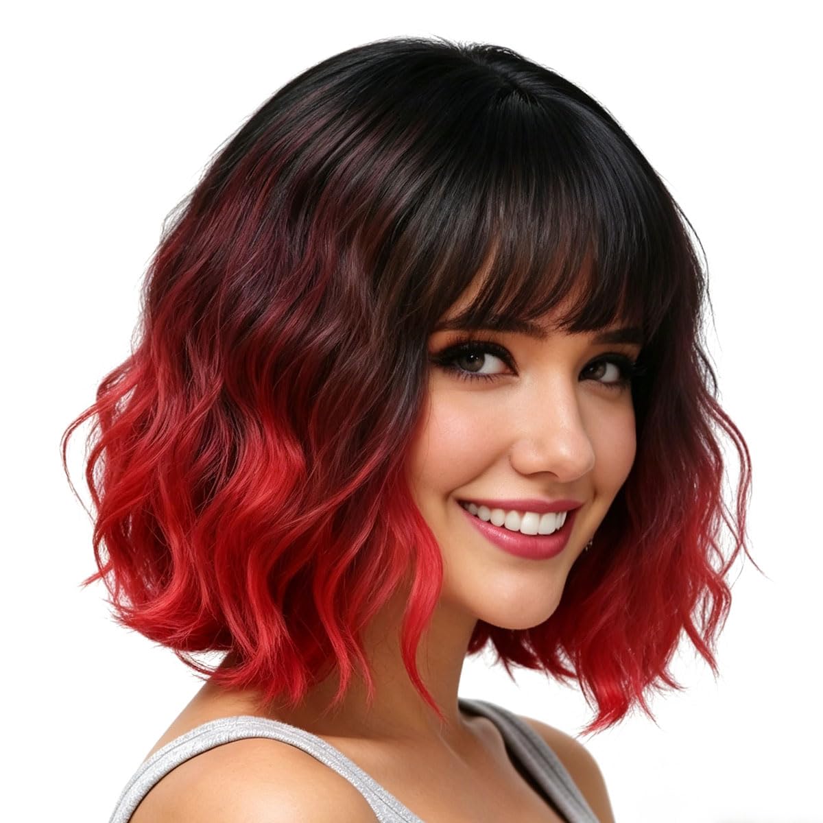 Yamel Wavy Bob Wig with Bangs Ombre Black to Red Wig Synthetic Hair Shoulder Length Short Curly Wigs for Women — image 1