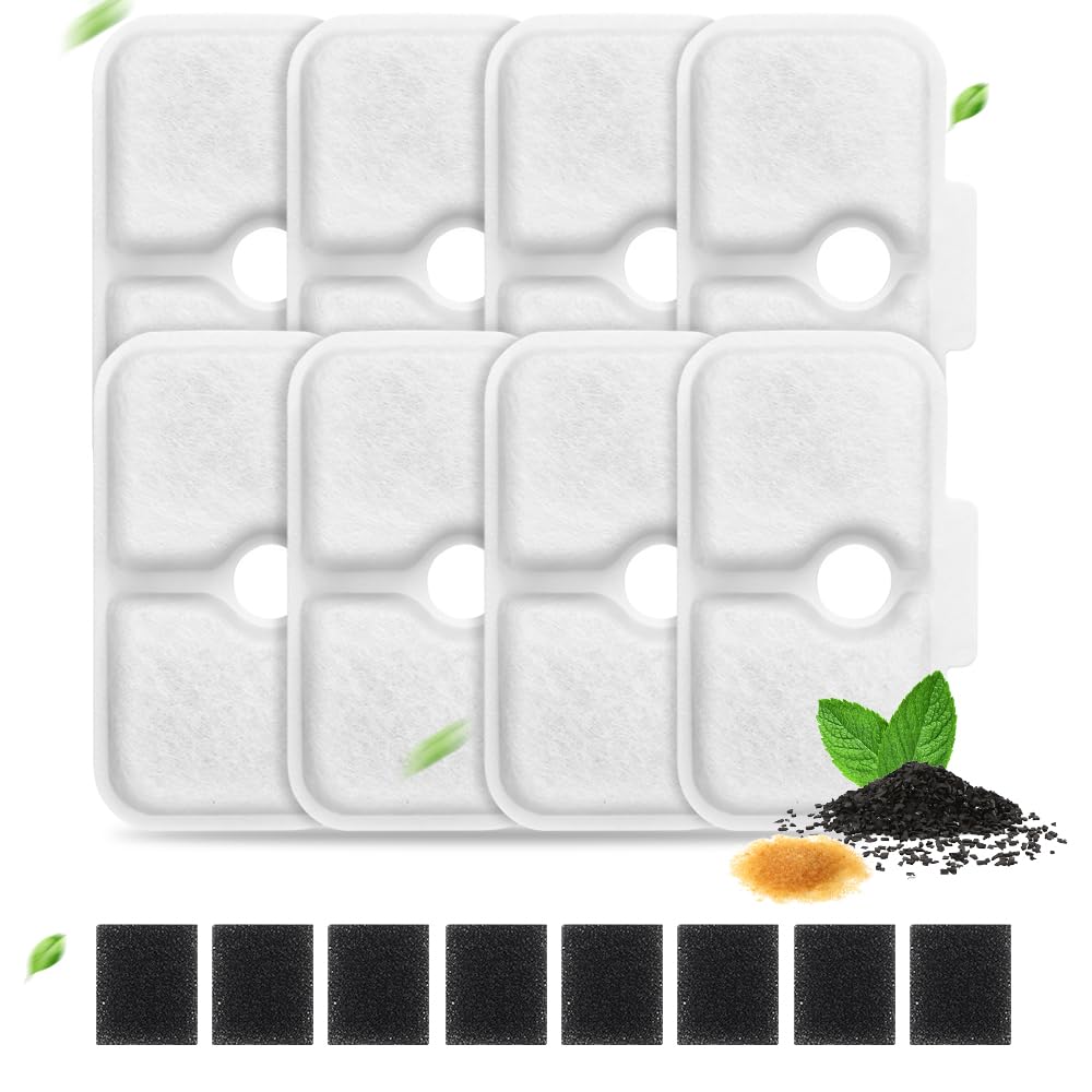 16 Packs Cat Water Fountain Filter Replacement Compatible with Dockstream Cat Water Fountain,Triple Filtration System Replacement Filter with Sponges (White, 8 Filters & 8 Sponges)