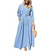 chouyatou Women's Boho V-Neck Button Down Swing Maxi Denim Dress 3/4 Sleeve Casual Belted Long Jean Dress