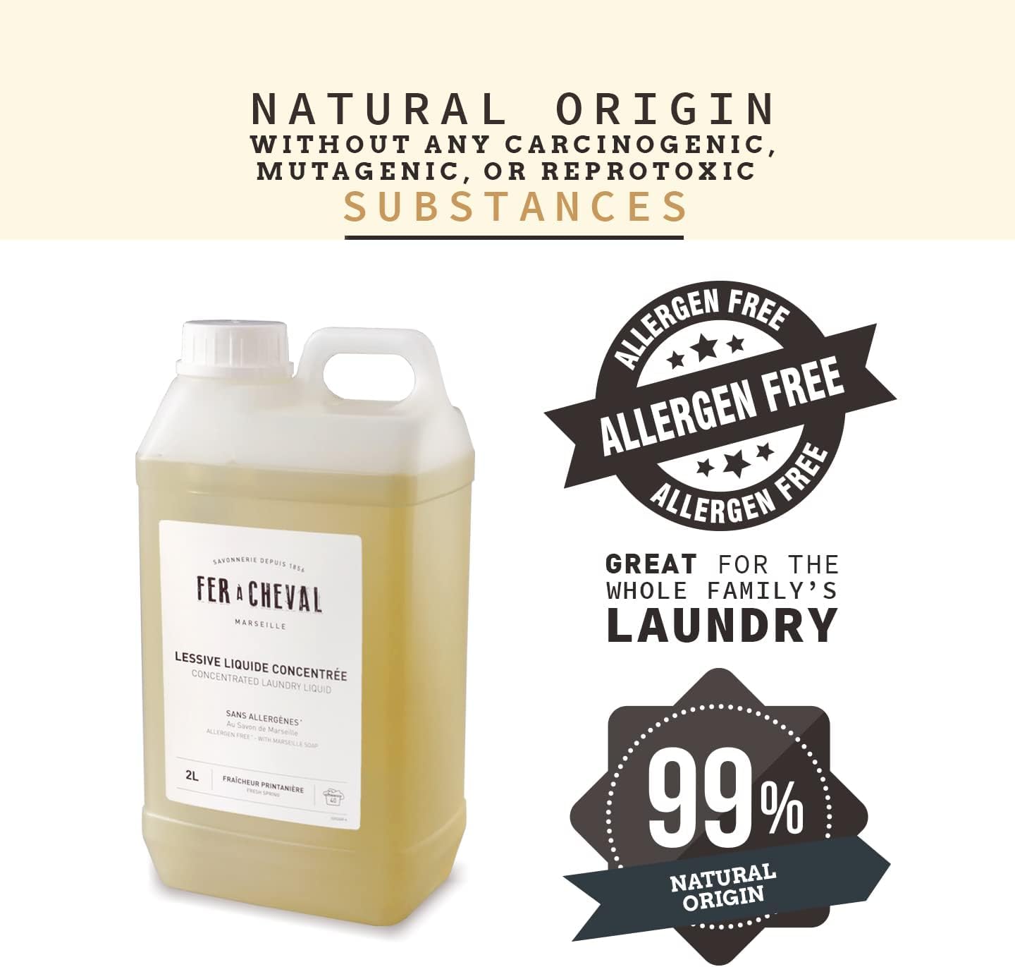 Fer à Cheval Concentrated Laundry Liquid, Allergen Free with Marseille Soap Laundry Detergent Liquid, Organic Washing Detergent Laundry Soap, Fresh Spring, 2L/67.6oz