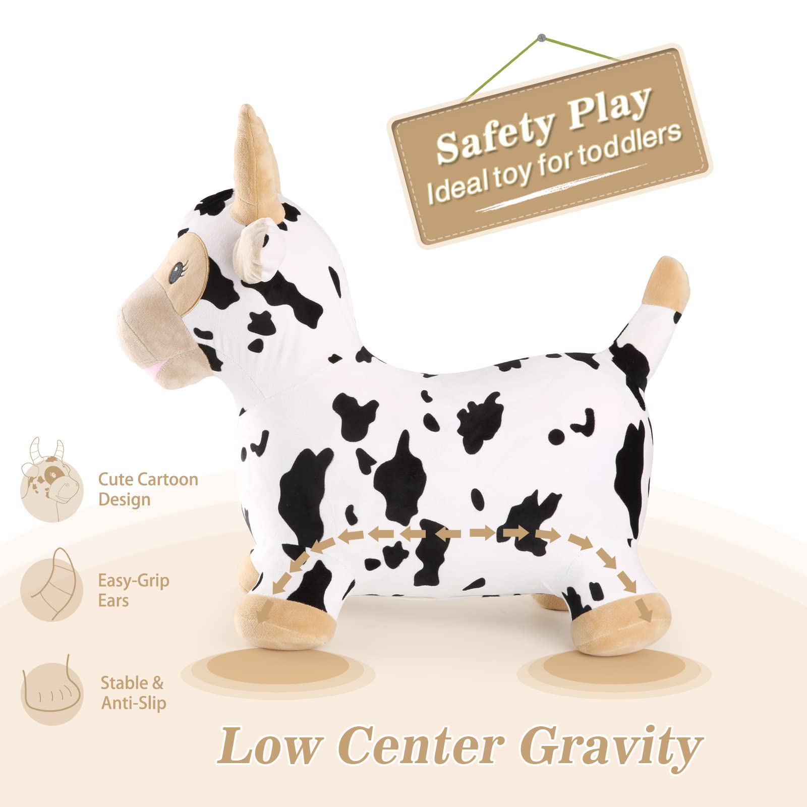 INPANY Bouncy Cow Farm Animal Hopper Toys, Toddler Plush Bouncing Inflatable Bouncer, Ride on Hopping Horse, Indoor Outdoor Cowboy Rodeo Birthday Party Decorations Gifts for 2 3 4 Year Old Girls Boys