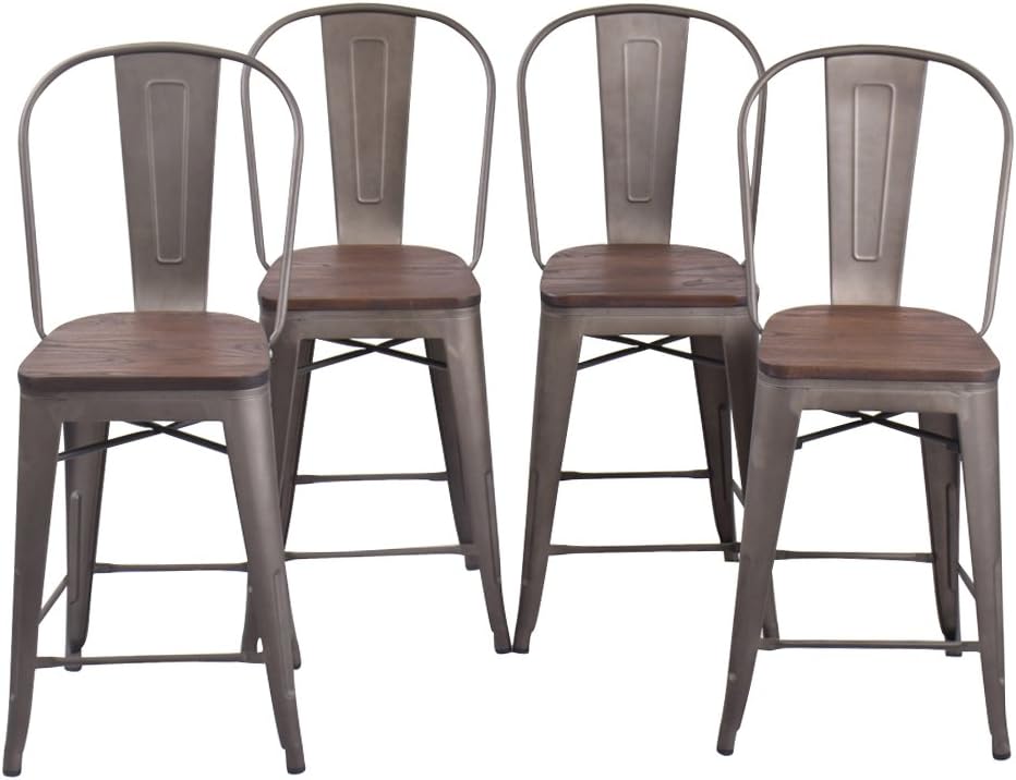 26 Inch High Back Metal Bar Stool for Indoor-Outdoor Kitchen Counter Bar Stools Set of 4 ¡­ (26 inch, High Back Rusty Wooden)