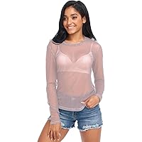 J JOYSAY Fondant Pink See Through Tops for Women Mesh Sheer Tops